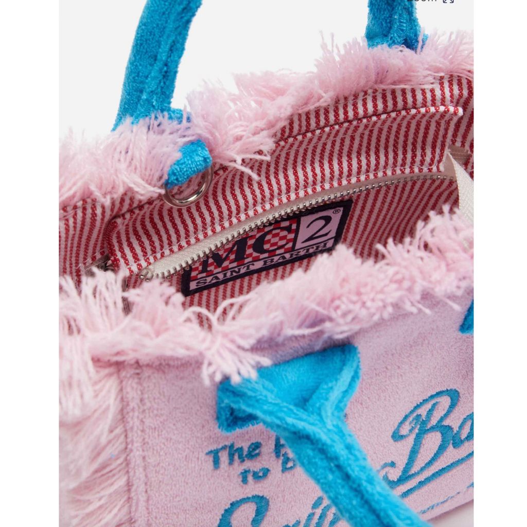 Product image of the inside of the 2132 EMB Colette Sponge beach bag in pink and blue from MC2 Saint Barth