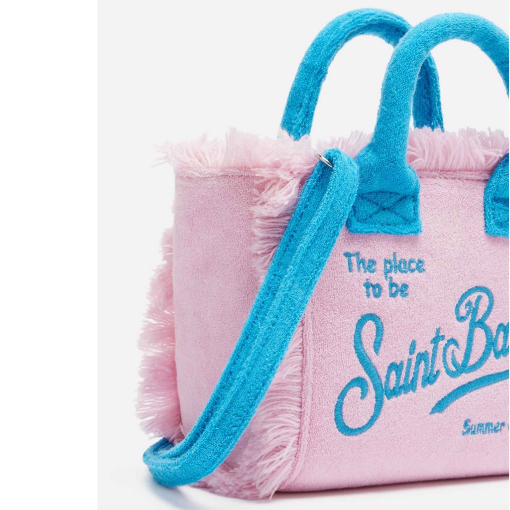 Product image of the side of the 2132 EMB Colette Sponge beach bag in pink and blue from MC2 Saint Barth