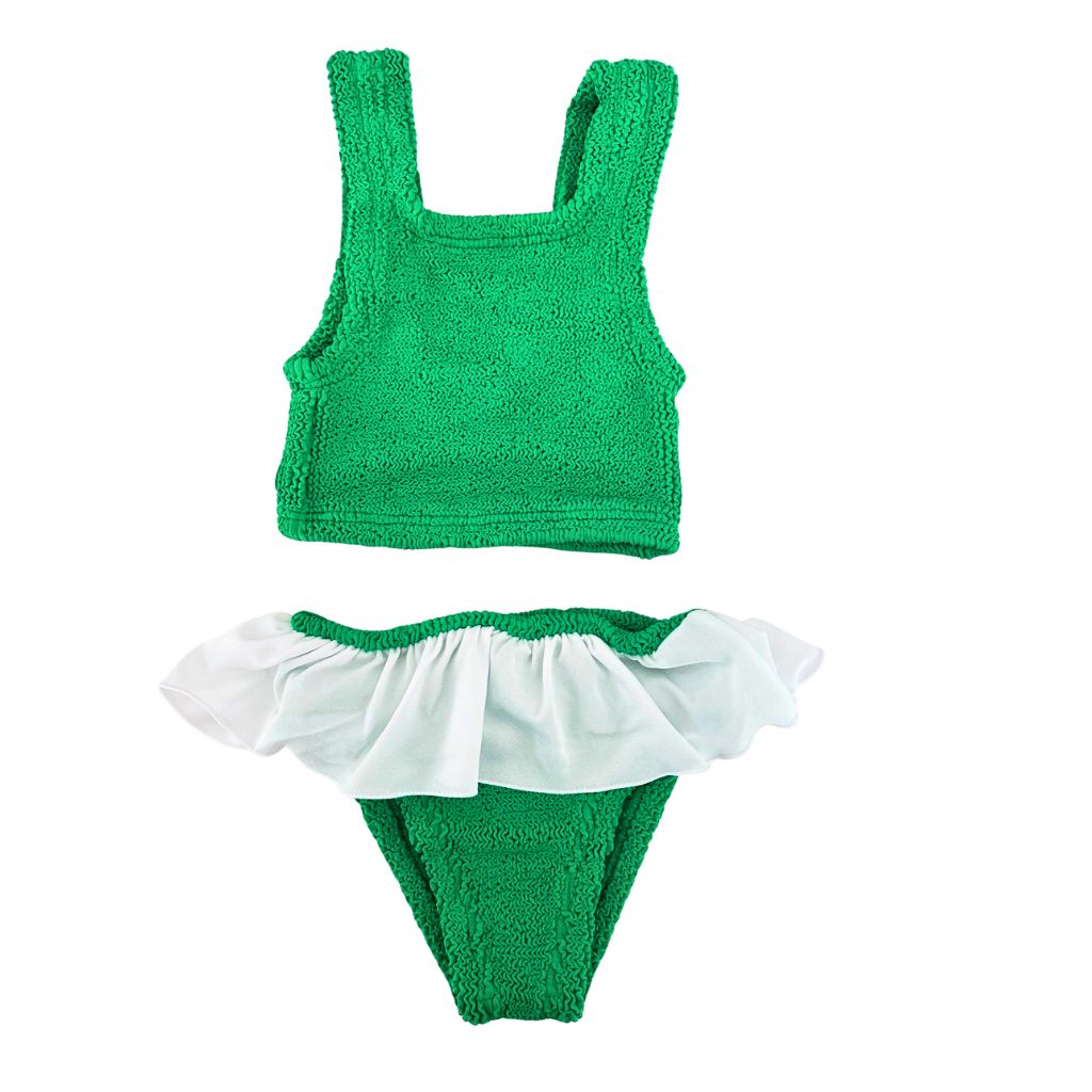 Product shot of the front of the Baby Duo Olive Bikini in Emerald from Hunza G