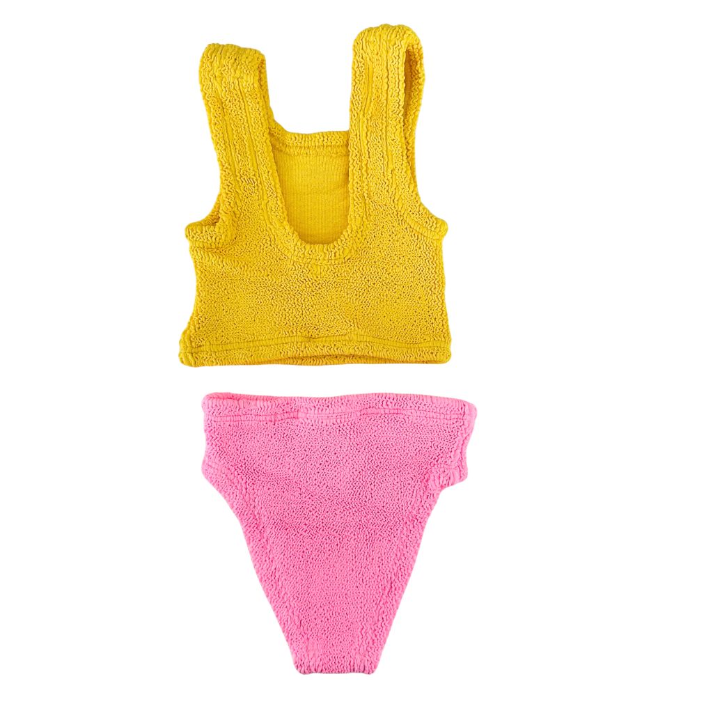 Product shot of the back of the Baby Lyra Bikini in Sunflower and Bubblegum from Hunza G