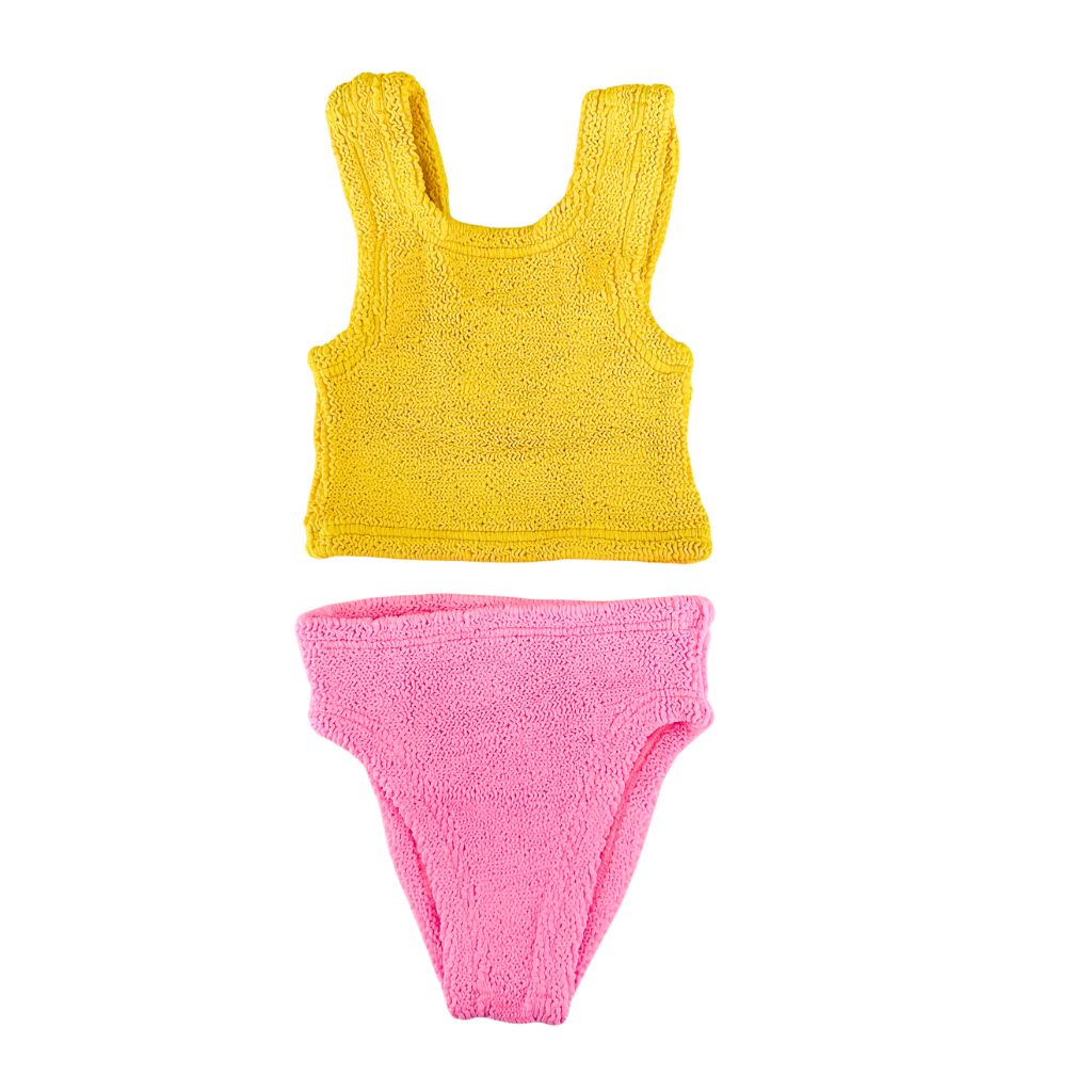 Product shot of the front of the Baby Lyra Bikini in Sunflower and Bubblegum from Hunza G