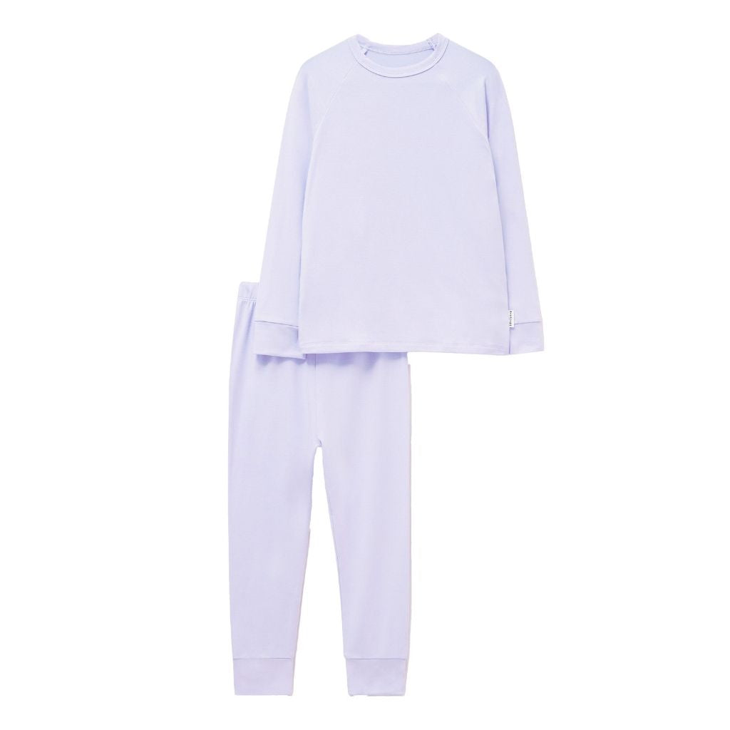 Front of Bamboo Base Layer thermals for Kids in Lilac Purple from Roarsome