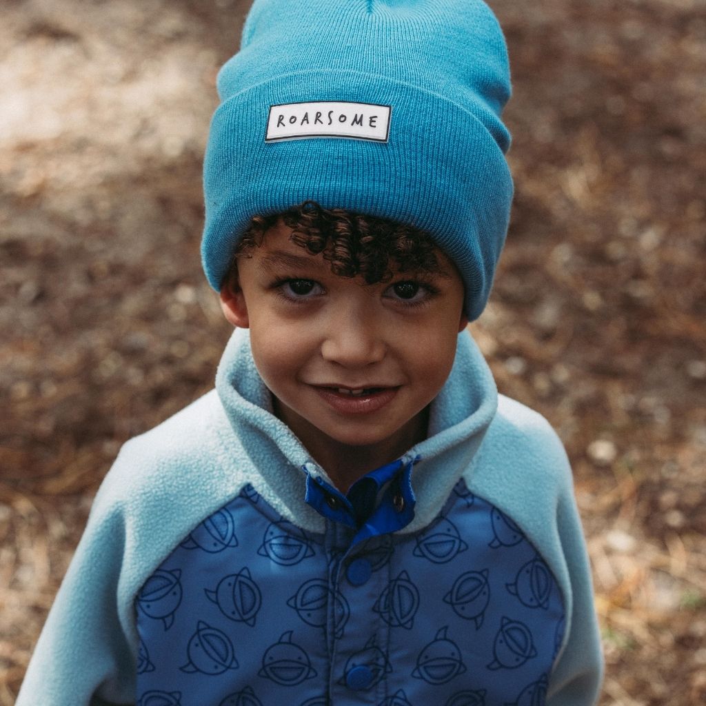 Little boy wearing Ocean Beanie in Blue from Roarsome