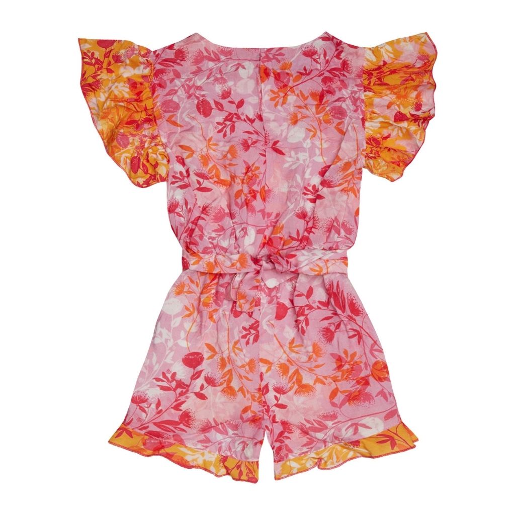 Product shot of the back of the botanical lilac girls playsuit from Marie Raxevsky