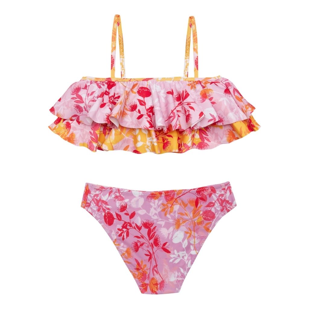 Product shot of the back of the Botanicals Mix Girls Double Ruffled Two Piece Bikini