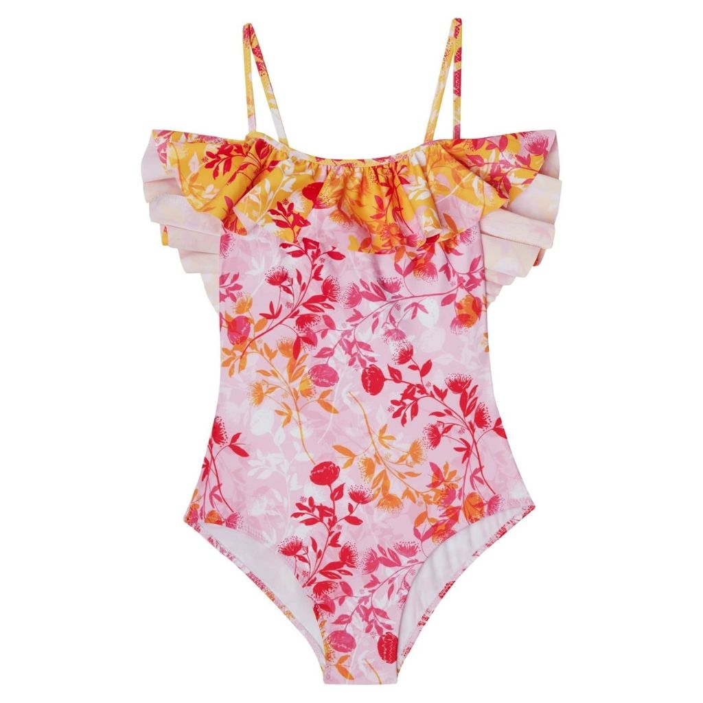 Front product shot of the Botanicals Mix Girls Ruffled One Piece Swimsuit