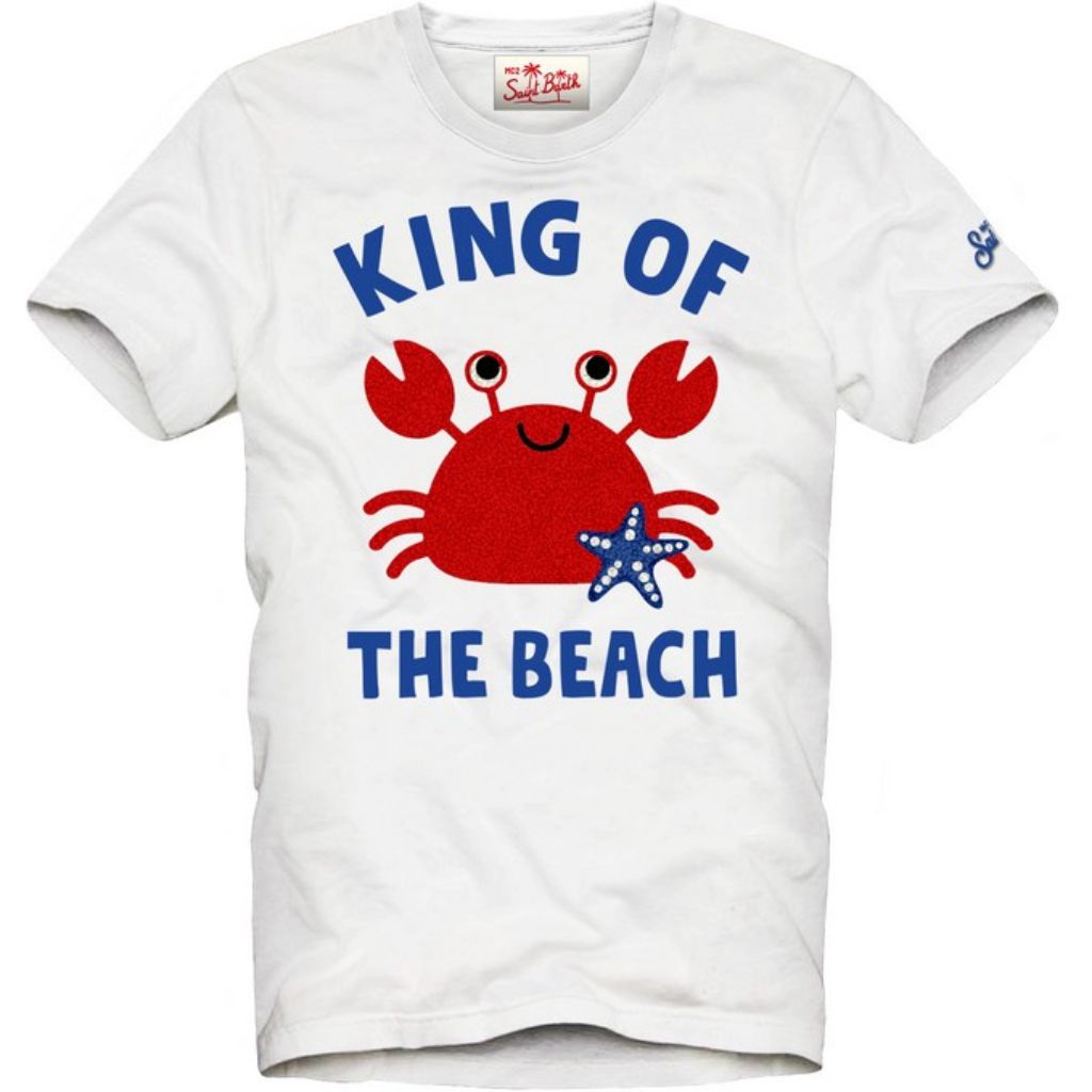 White boys t-shirt from MC2 Saint Barth with a red crab and blue text saying 'King of the Beach' on a white background