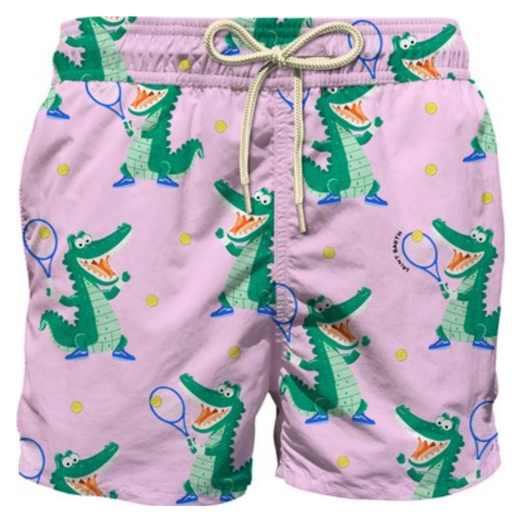Product shot of the front of the MC2 Saint Barth Jean Lighting Crocco Tennis Ultralight Swim Shorts for little boys in pink