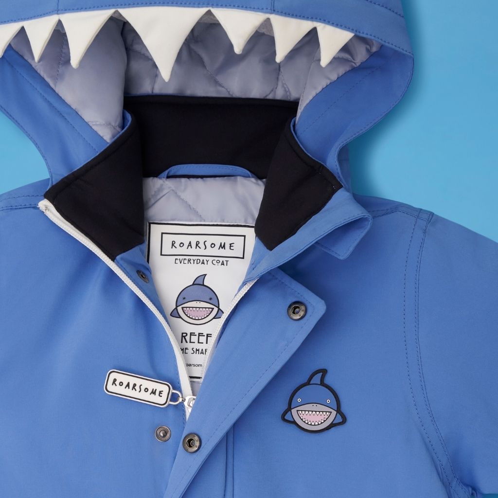 Close up of the Everyday Raincoat in Reef the Shark Blue from Roarsome