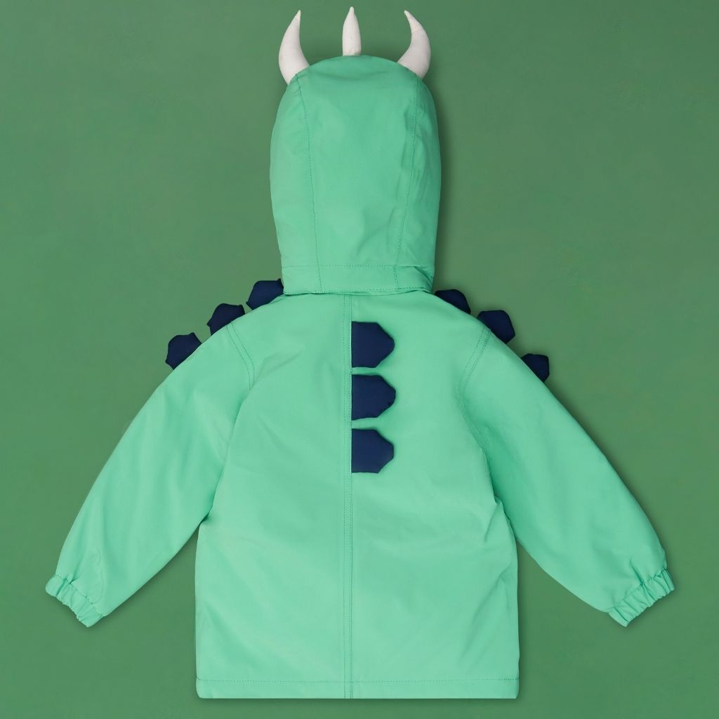 Back of the Everyday Raincoat in Spike the Dinosaur Green from Roarsome