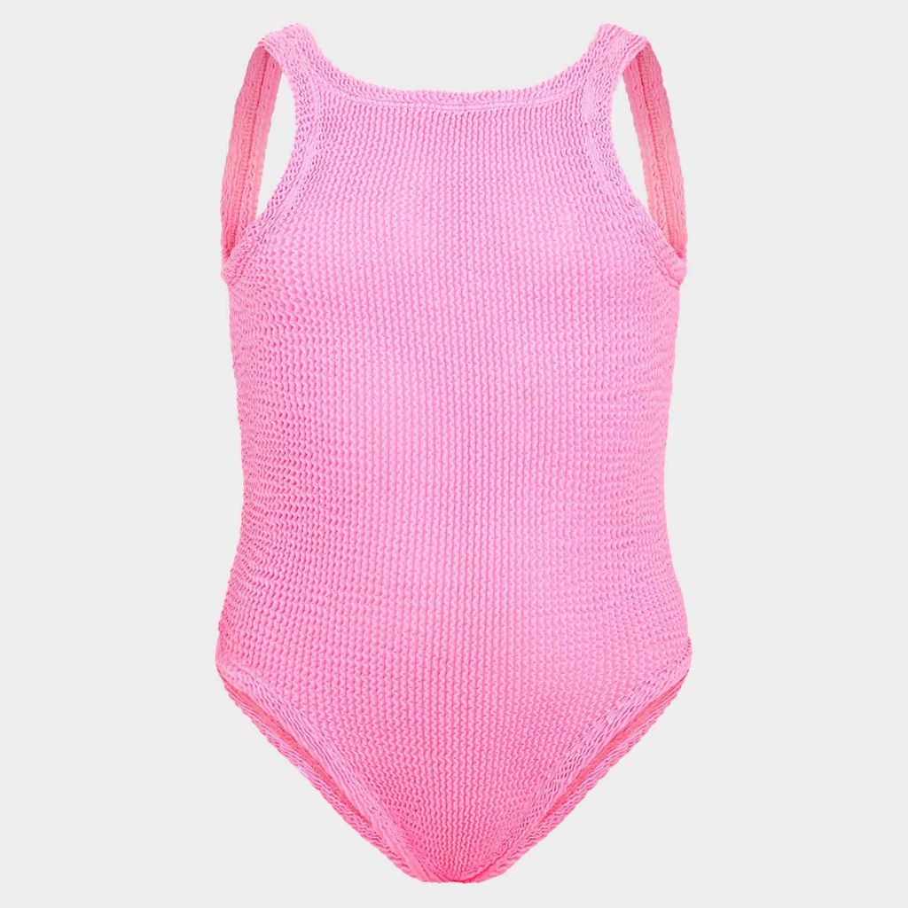 Image of the front of the Hunza G Kids Classic Swimsuit in Bubblegum for girls aged 7 - 12 years