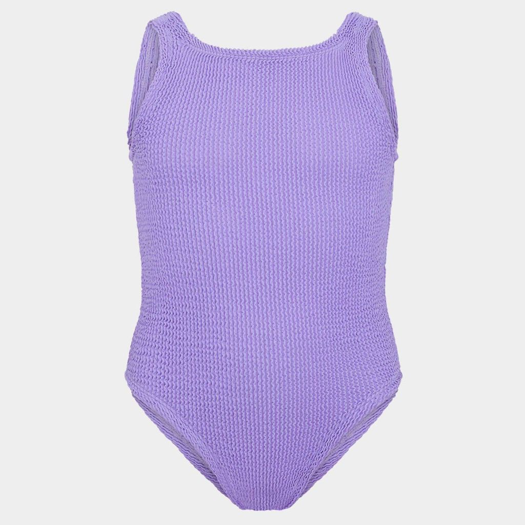 Image of the front of the Hunza G Kids Classic Swimsuit in Lilac for girls aged 7 - 12 years