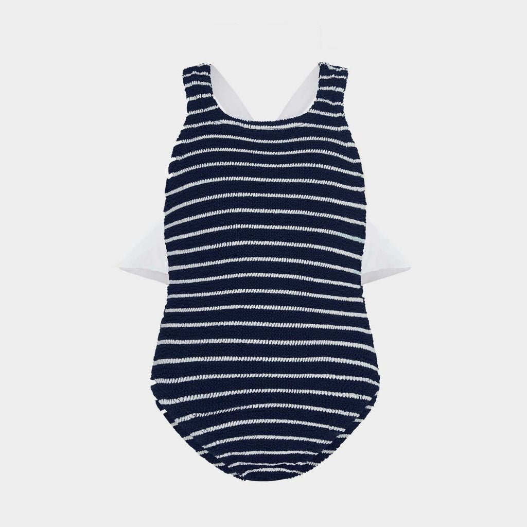Image of the front of the Hunza G Baby Lara Swimsuit for 3 to 6 year olds in navy blue and white stripe