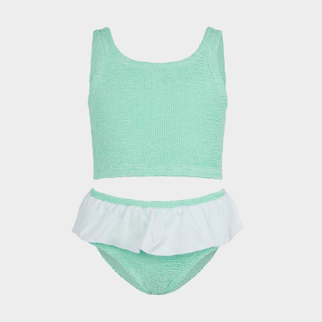 Image of the front of the Hunza G Baby Olive Bikini in Metallic Mint with white frill for girls aged 3 - 6 years
