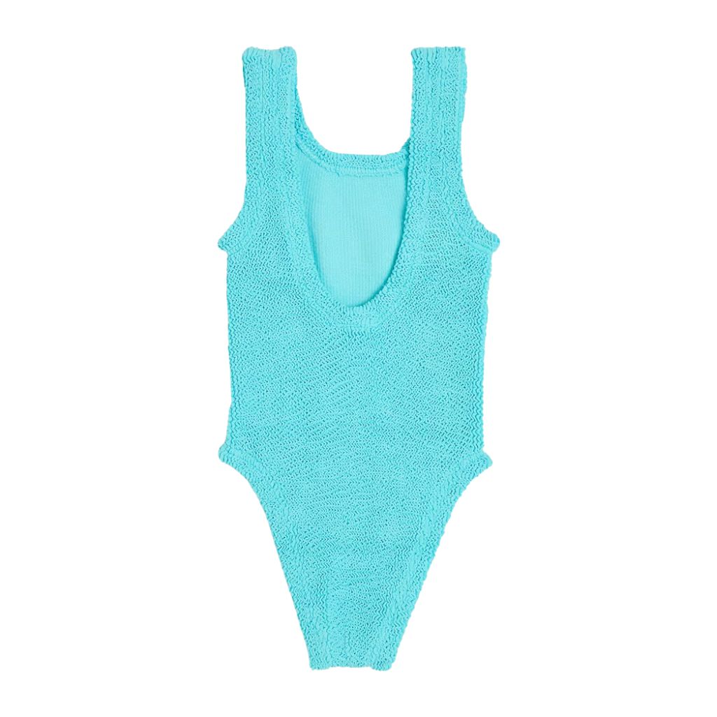 Product shot of the back of the Baby Classic Swimsuit in Aqua from Hunza G