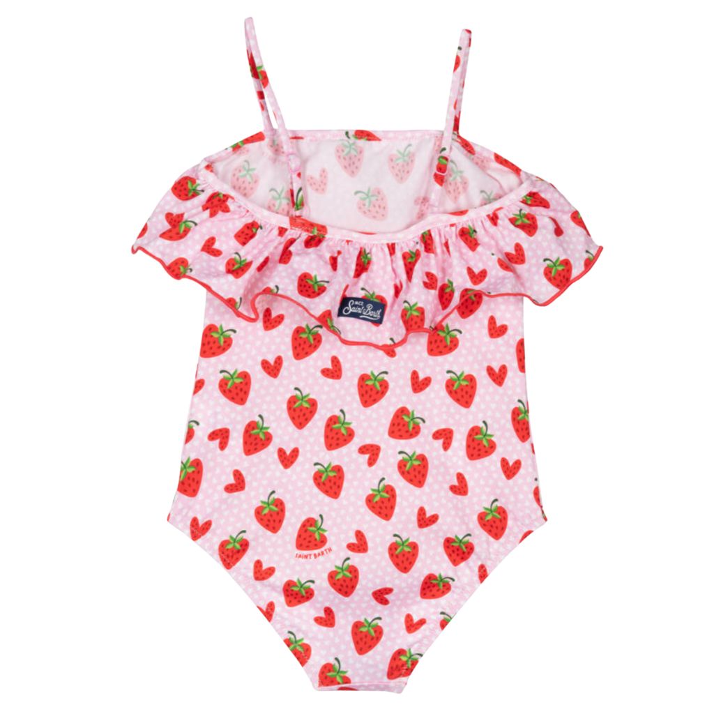 Back of the Brielle Lovely Strawberry Pink swimsuit with strawberry pattern and white hearts from MC2 Saint Barth