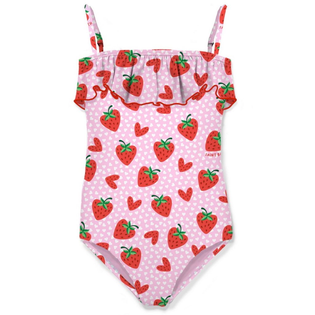 Front of the Brielle Lovely Strawberry Pink swimsuit with strawberry pattern and white hearts from MC2 Saint Barth