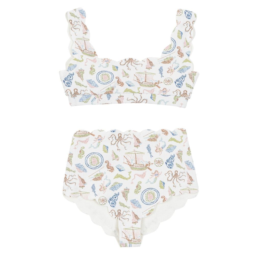 Product shot of the Marysia Bumby Palm Springs Bikini Top and Santa Monica Bikini Bottoms in Cameo Print 1
