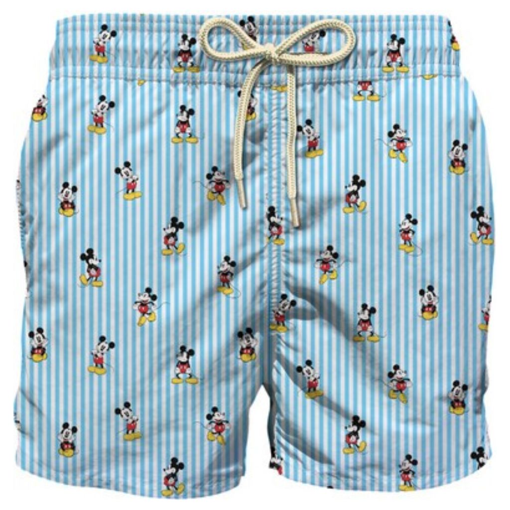 Product shot of the front of the MC2 Saint Barth blue and white striped Mickey Mouse ultralight swim shorts for boys