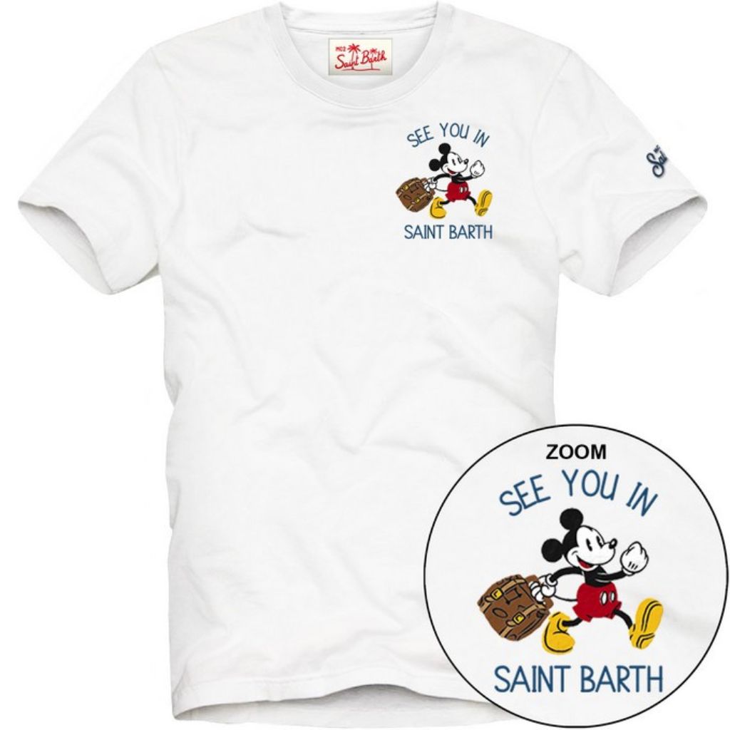 White short sleeve t-shirt for boys with Mickey Mouse Disney character and 'See You in Saint Barth' text on a white background from MC2 Saint Barth