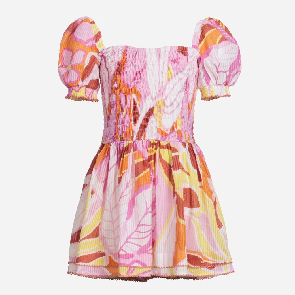 Front product shot of the Mini Dress Bertha in Pink Macro Lilium print from Poupette St Barth Kids