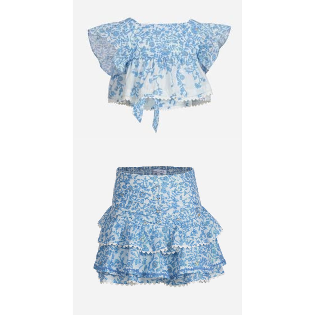 Product shot of the front of the set featuring Top Cycas and Mini Skirt Alizee in Blue Lazuli from the SS 25 Collection from Poupette St Barth Kids