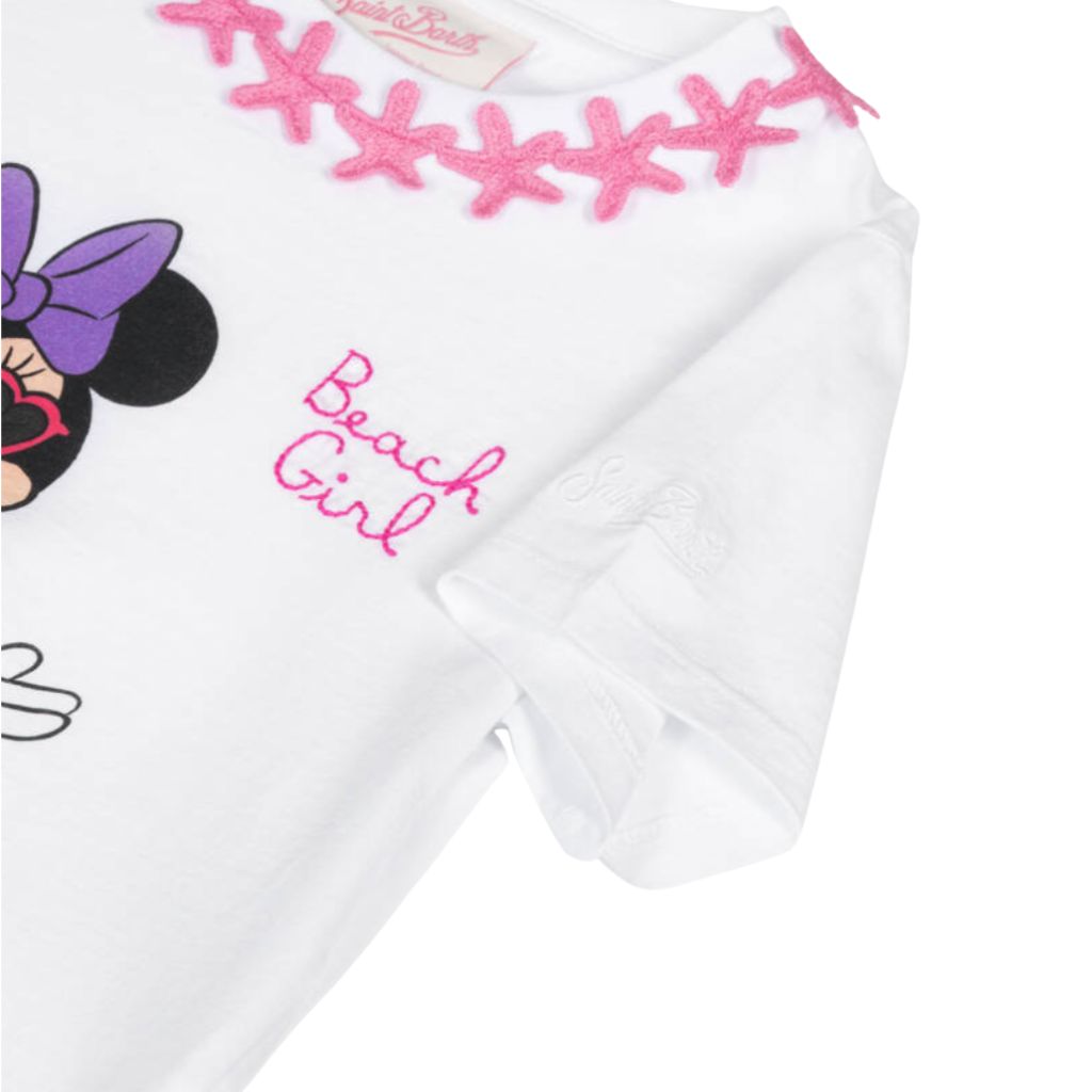 Close up of Girls T-shirt from MC2 Saint Barth with a Minnie Mouse character holding a drink and sunglasses, text 'Beach Girl' and pink starfish design.