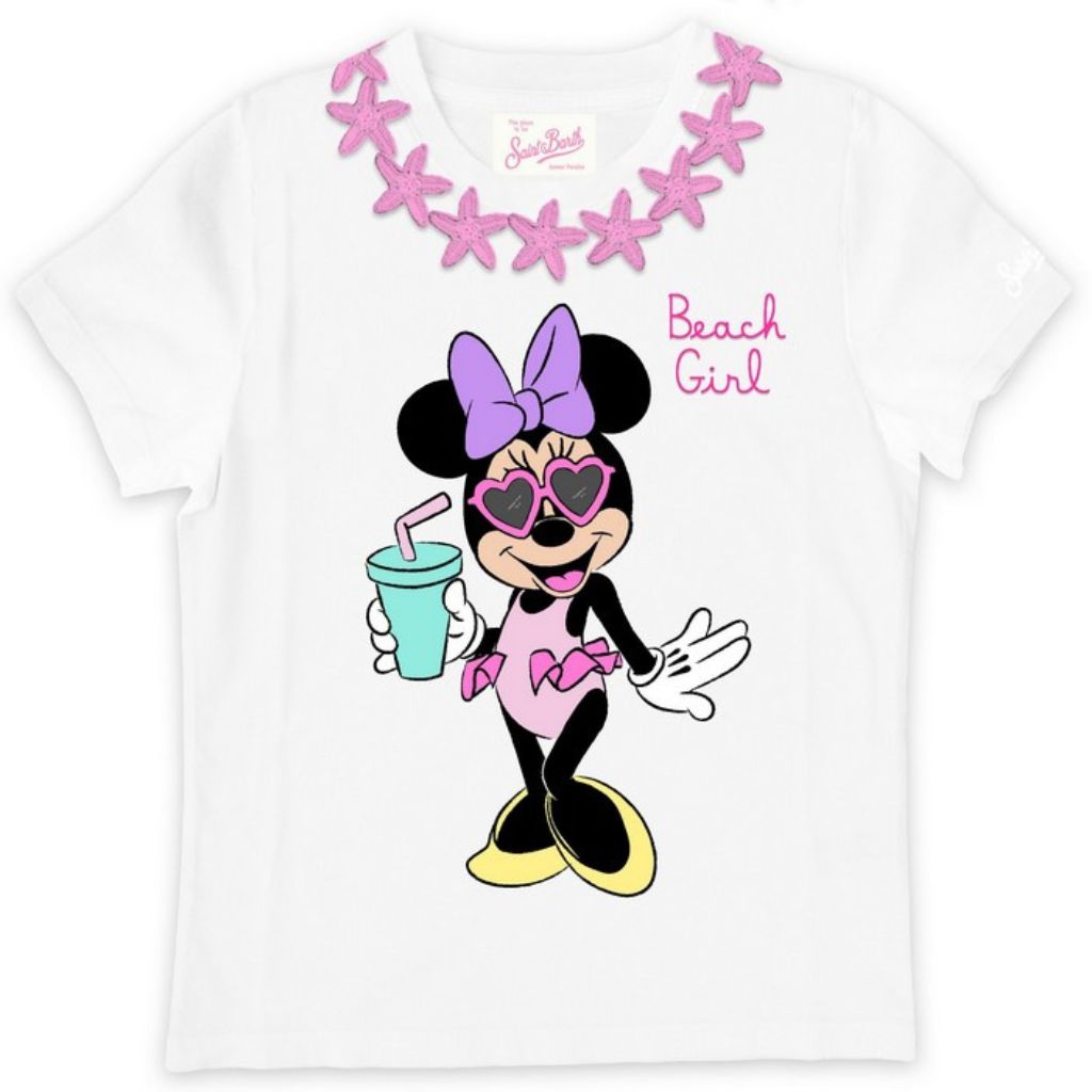 Girls T-shirt from MC2 Saint Barth with a Minnie Mouse character holding a drink and sunglasses, text 'Beach Girl' and pink starfish design.