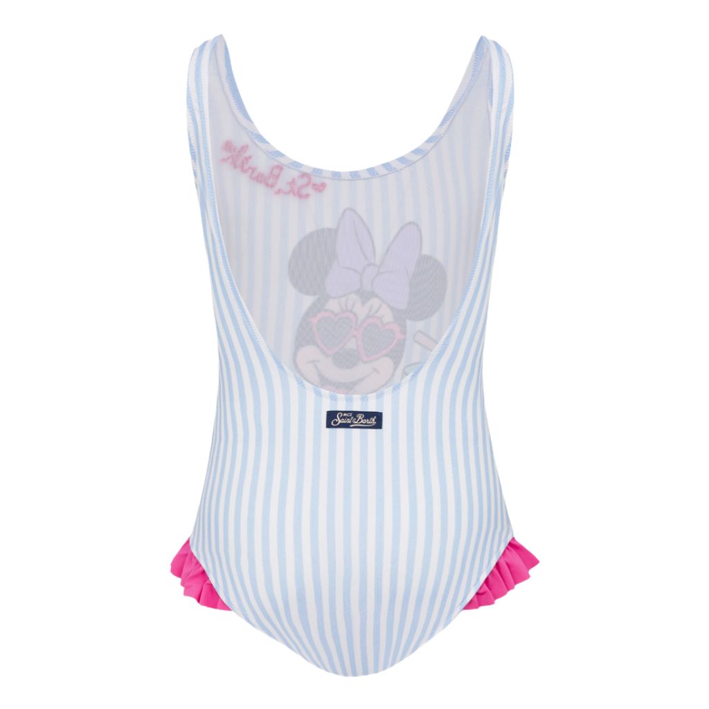 Close up of exclusive print on one-piece Tiana swimsuit from MC2 Saint barth featuring Minnie Mouse design on a blue and white striped background