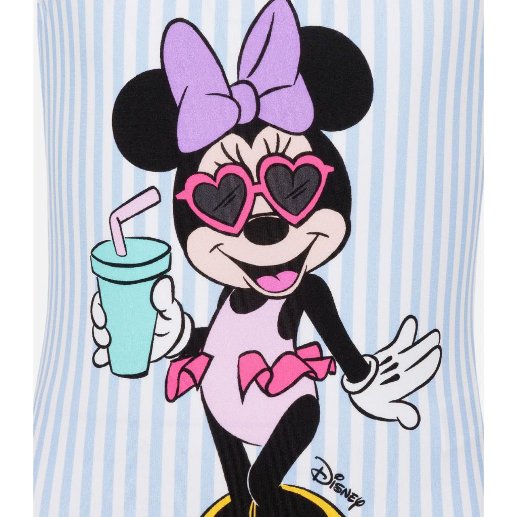 Back of the One-piece Tiana swimsuit from MC2 Saint barth featuring Minnie Mouse design on a blue and white striped background