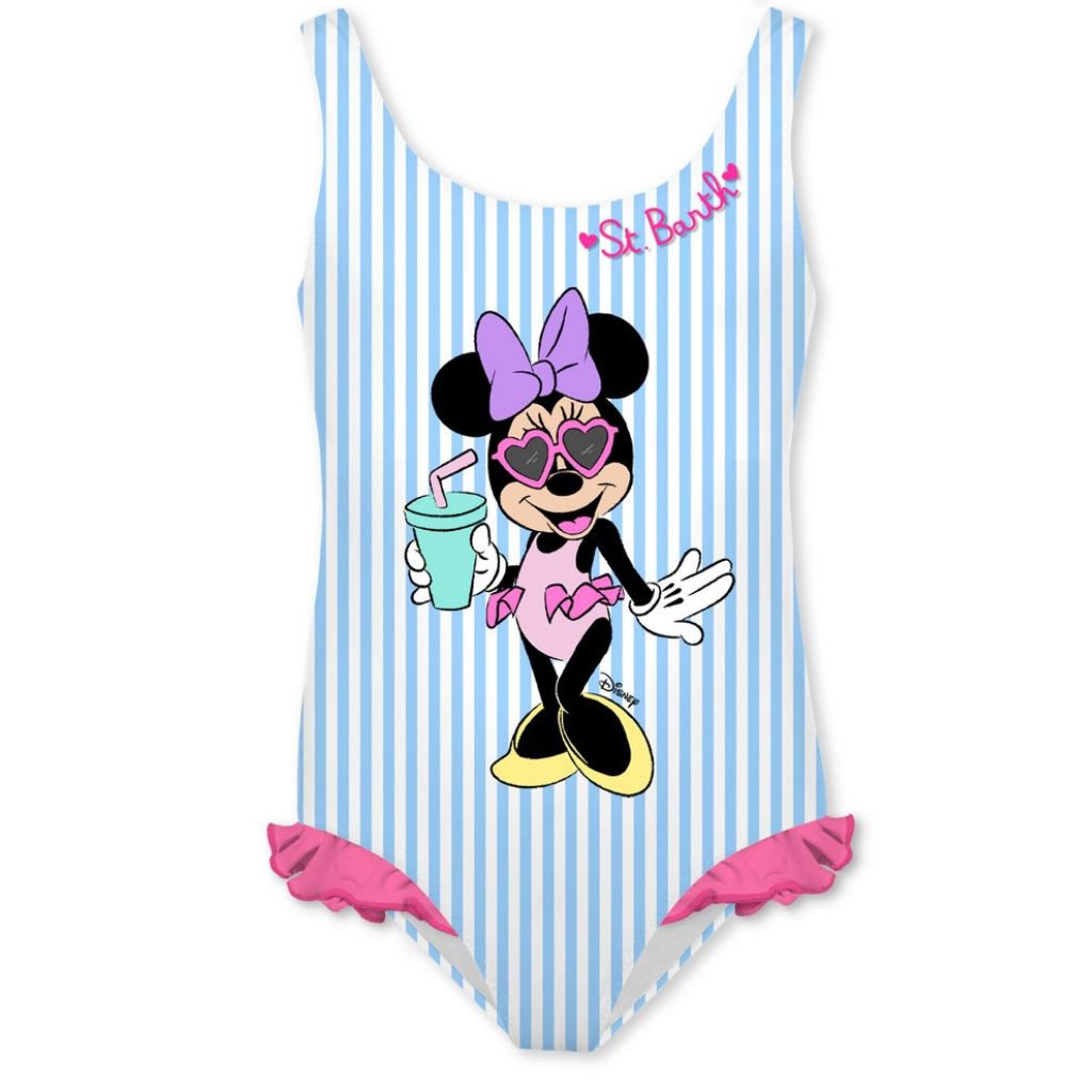 One-piece Tiana swimsuit from MC2 Saint barth featuring Minnie Mouse design on a blue and white striped background