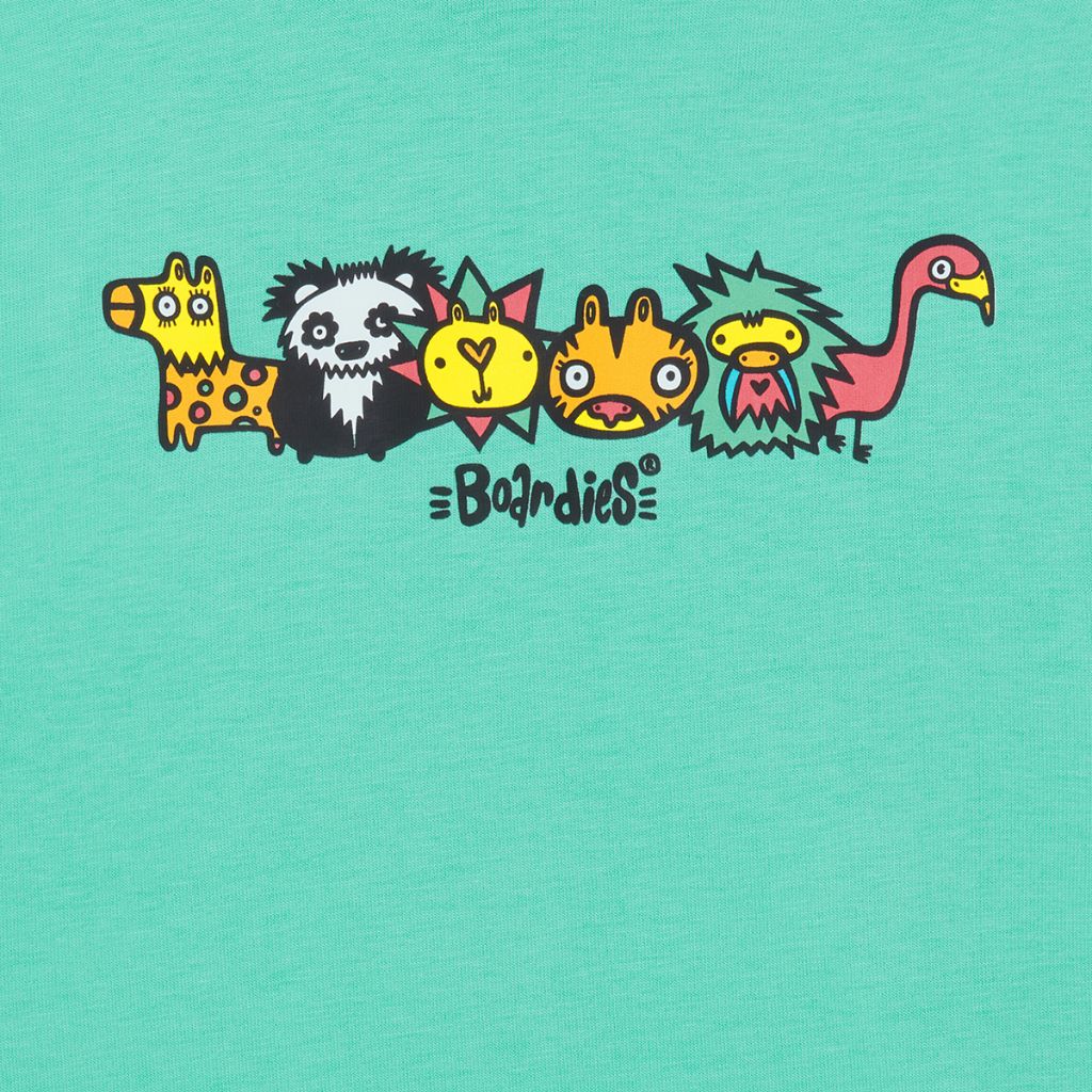 Close up of the animal design on the front of the Boardies Munday Jungle T-Shirt in Green