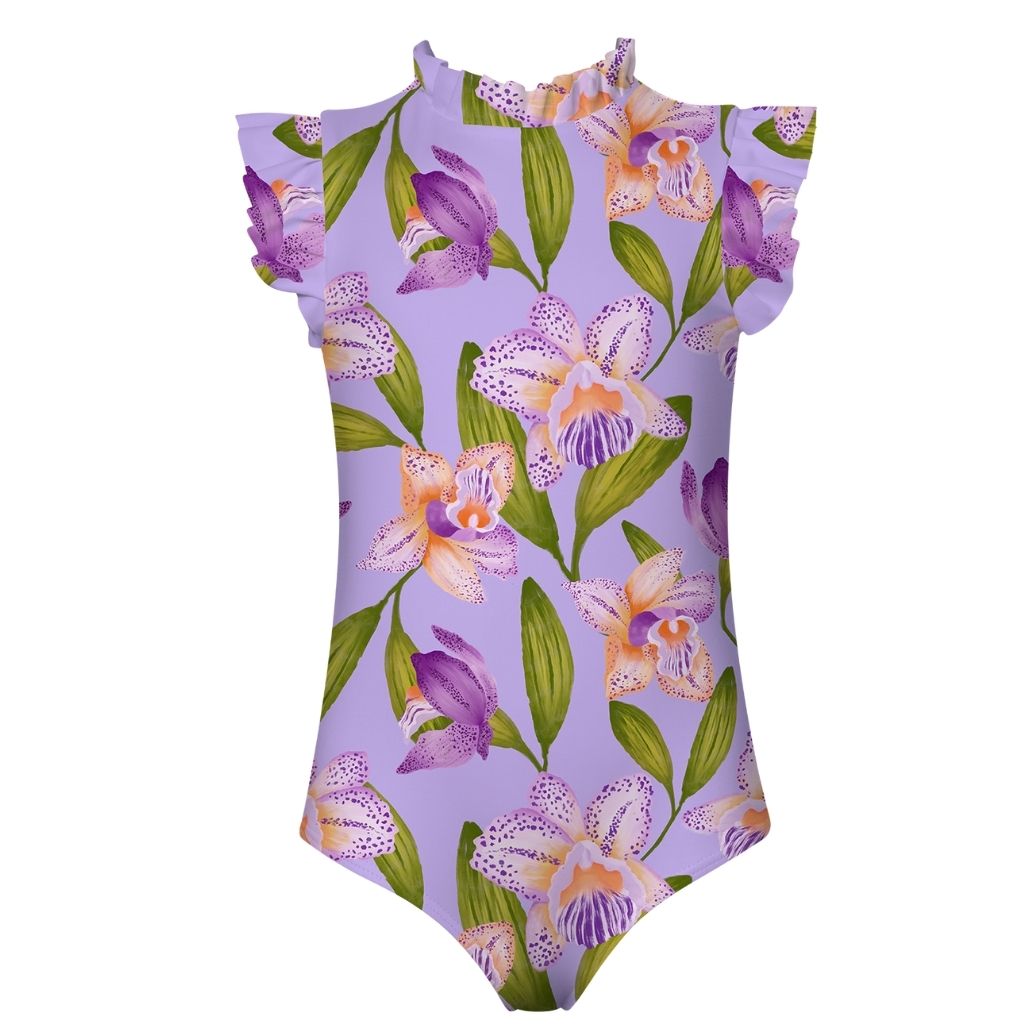 Product shot of the front of the Orquideas Anggie Lila Alisson One piece Swimsuit for Girls from Colombian swim and resort wear brand Pepita & Me