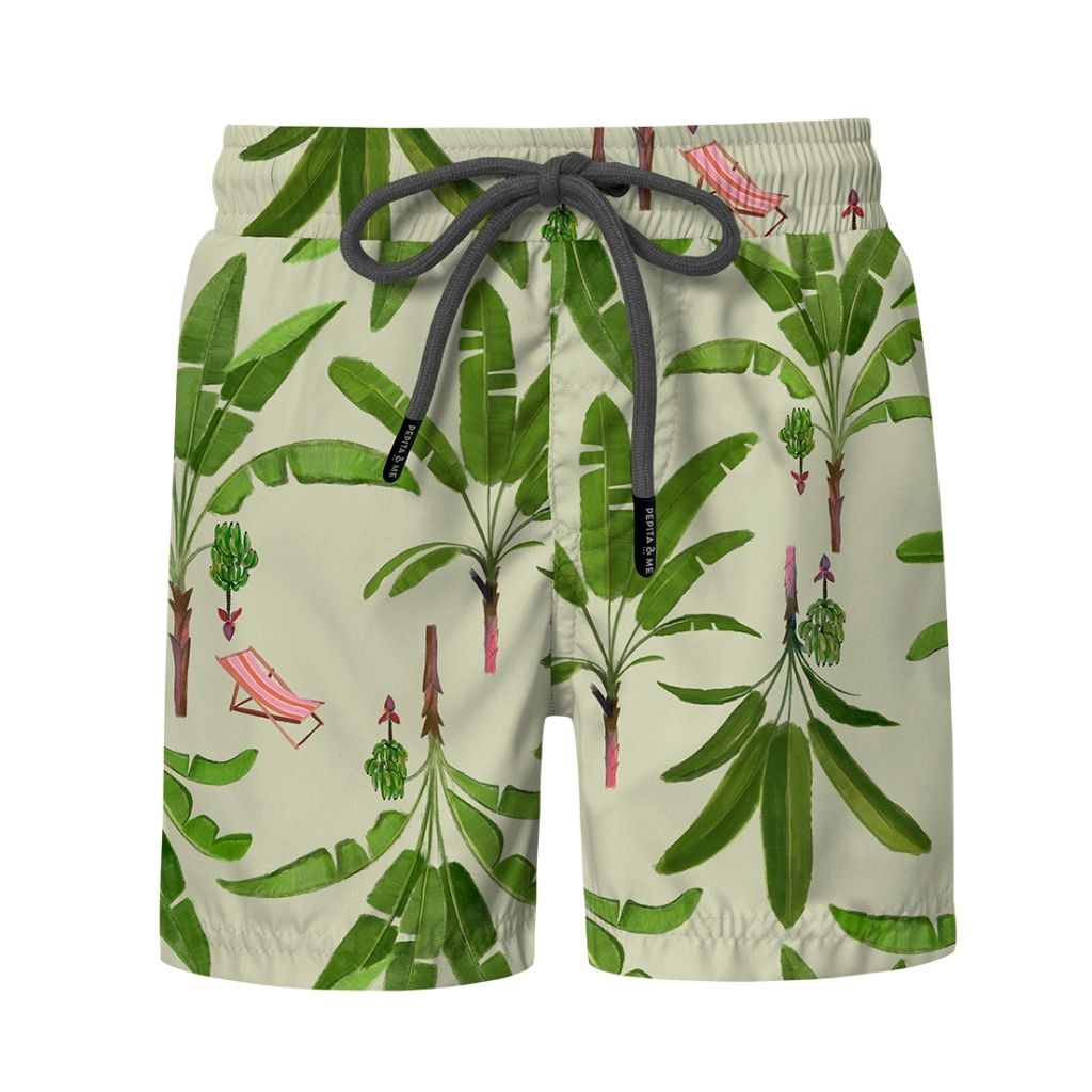 Product shot of the front of the Platanal Verde Boys Swim Shorts from Colombian Swim and Resort wear brand Pepita & Me