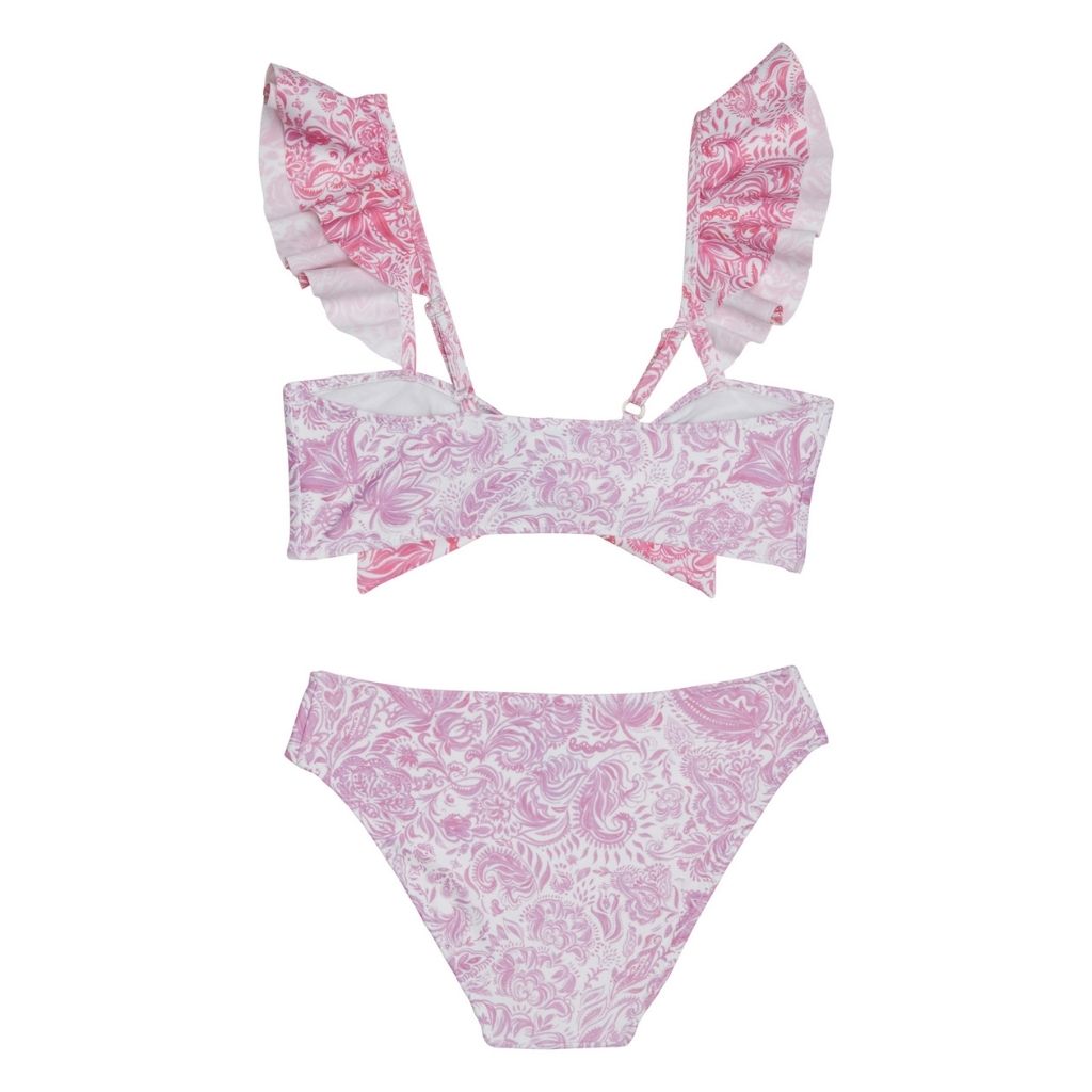 Back product shot of the Paisley Mix Girls Tie Knot Bikini in Pink and Purple from Greek Brand Marie Raxevsky