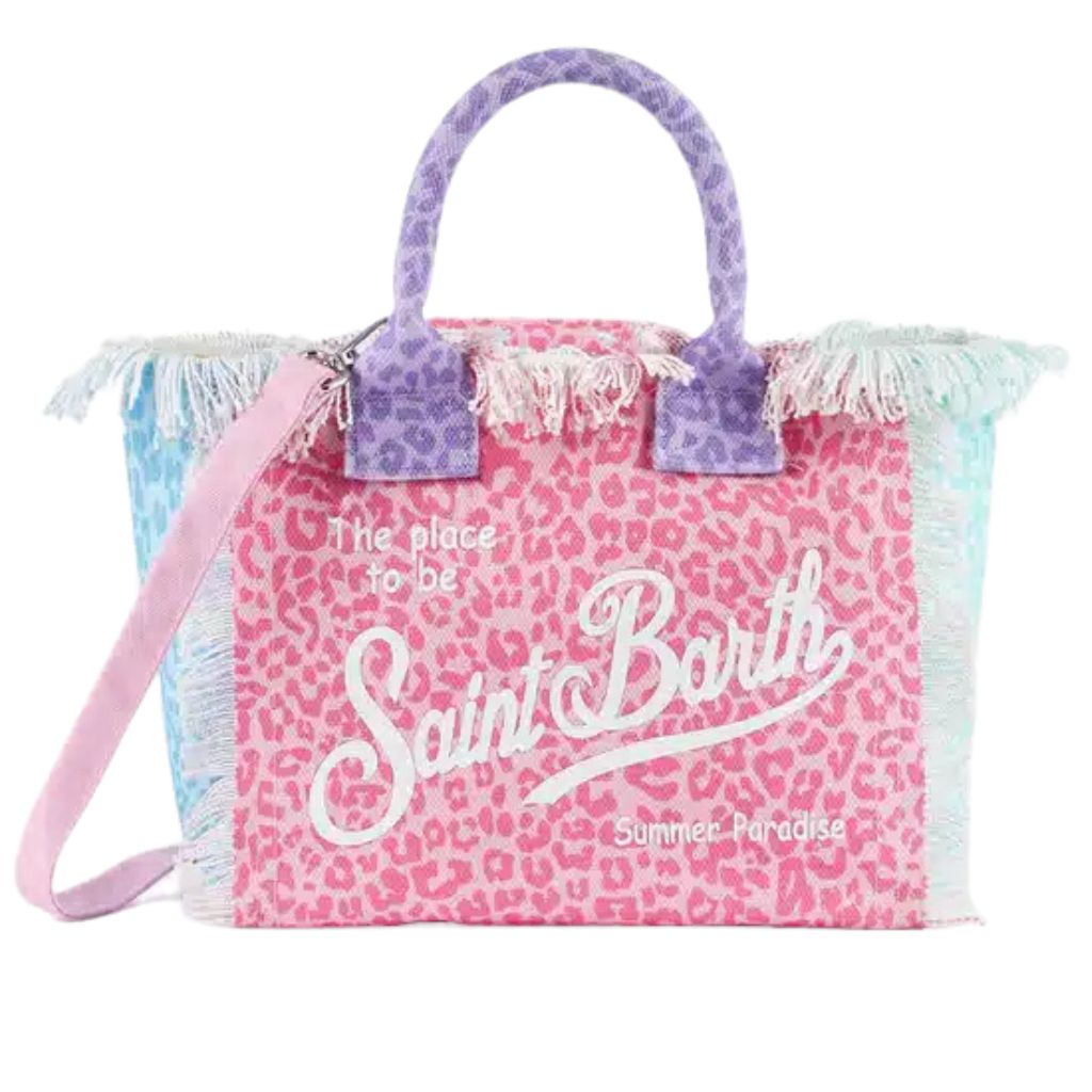 Product shot of the back of the Pastel Leopard Col Colette Cotton beach bag from MC2 Saint Barth
