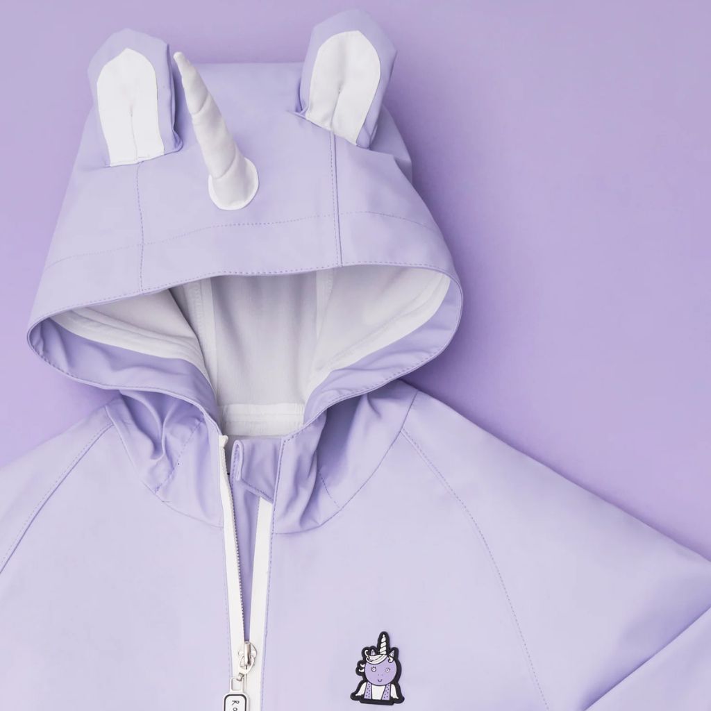 Close up of the Purple Sparkle the Unicorn Puddlesuit from Roarsome
