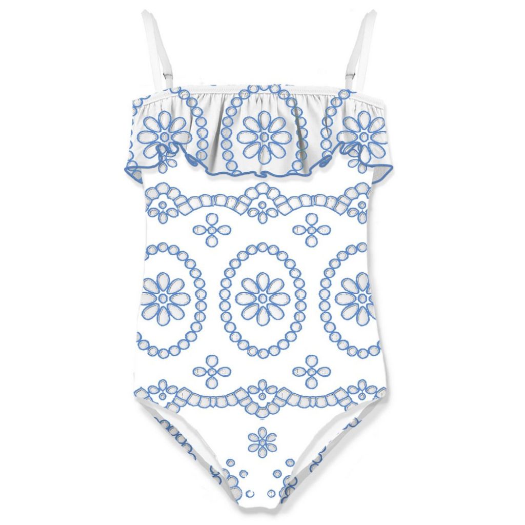 Girls Brielle Sangallo one-piece swimsuit with blue floral patterns on a white background from MC2 saint Barth