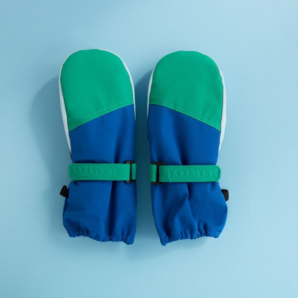 Front of blue and green ski glove mittens from kids global outdoor brand Roarsome