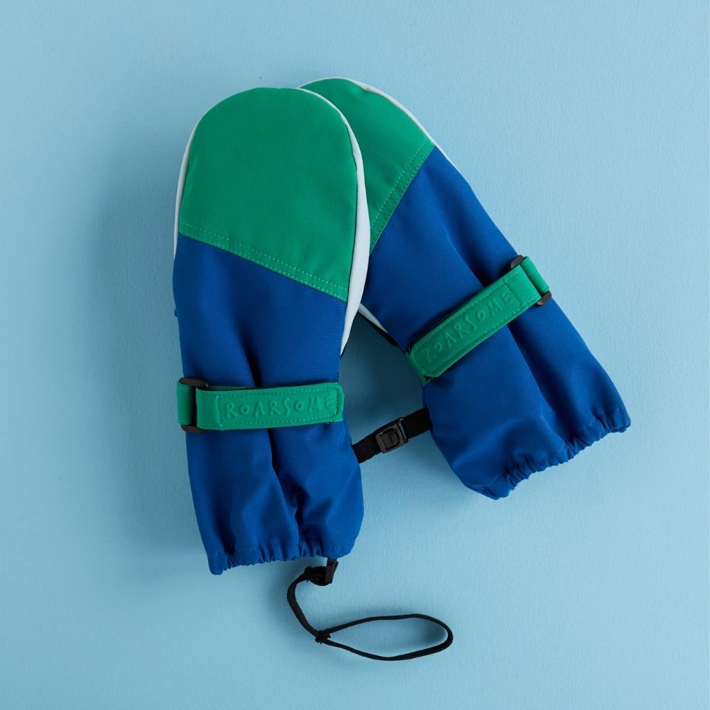 Pair of blue and green ski glove mittens from kids global outdoor brand Roarsome