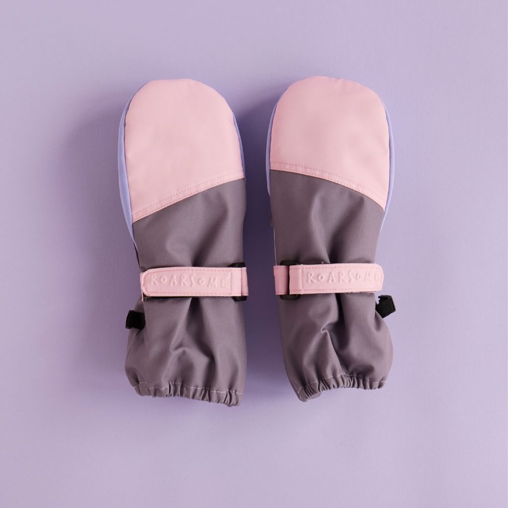 Front of lilac and pink ski glove mittens from kids global outdoor brand Roarsome