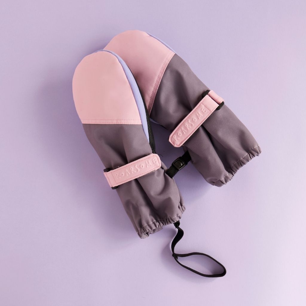 Pair of lilac and pink ski glove mittens from kids global outdoor brand Roarsome