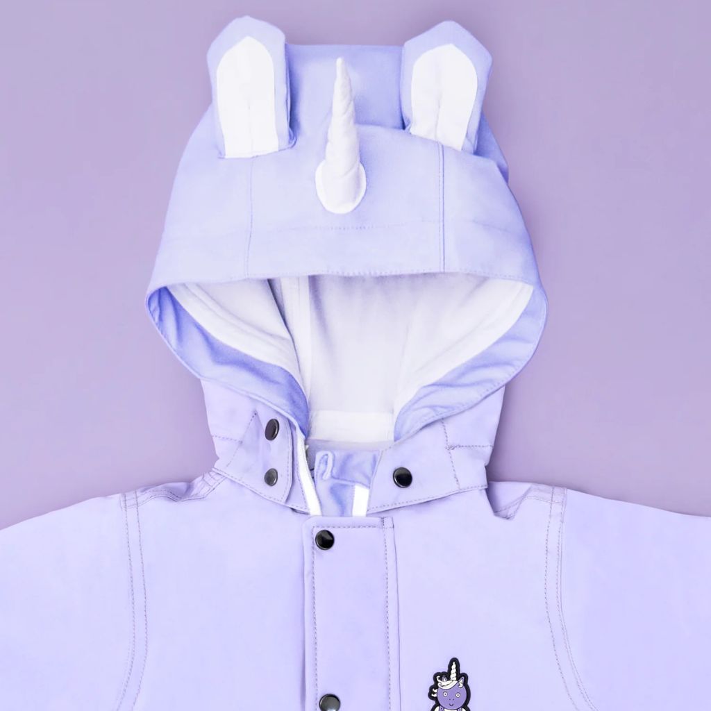Close up of the Everyday Raincoat in Sparkle the Unicorn Purple from Roarsome