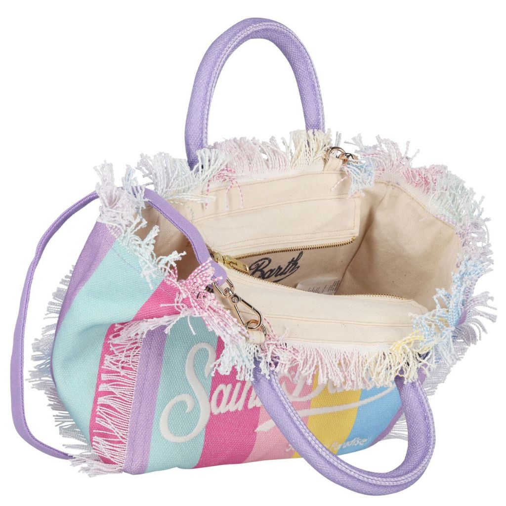 Product shot of the inside of the Multicoloured Stripe Colette Cotton Beach Bag from MC2 Saint Barth