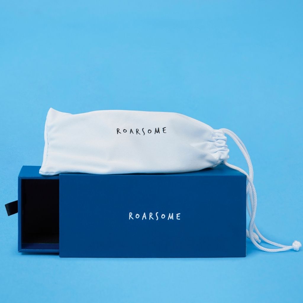 Packaging for blue wraparound sunglasses from Roarsome