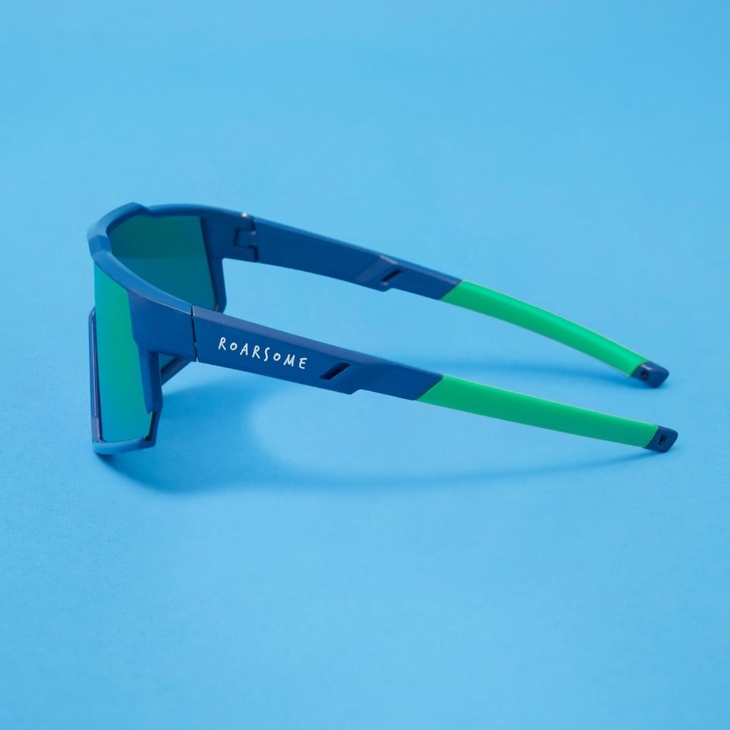 Side view of blue wraparound sunglasses from Roarsome