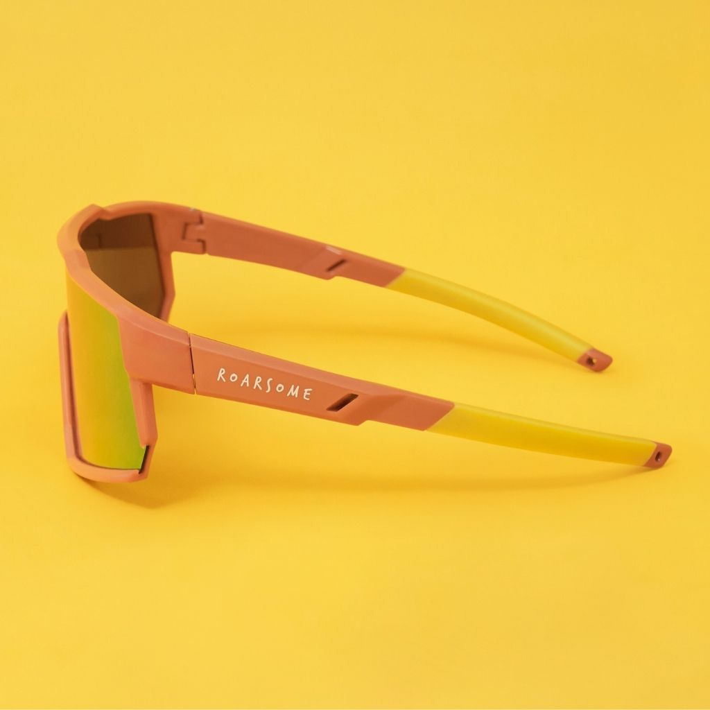 Side view of yellow wraparound sunglasses from Roarsome