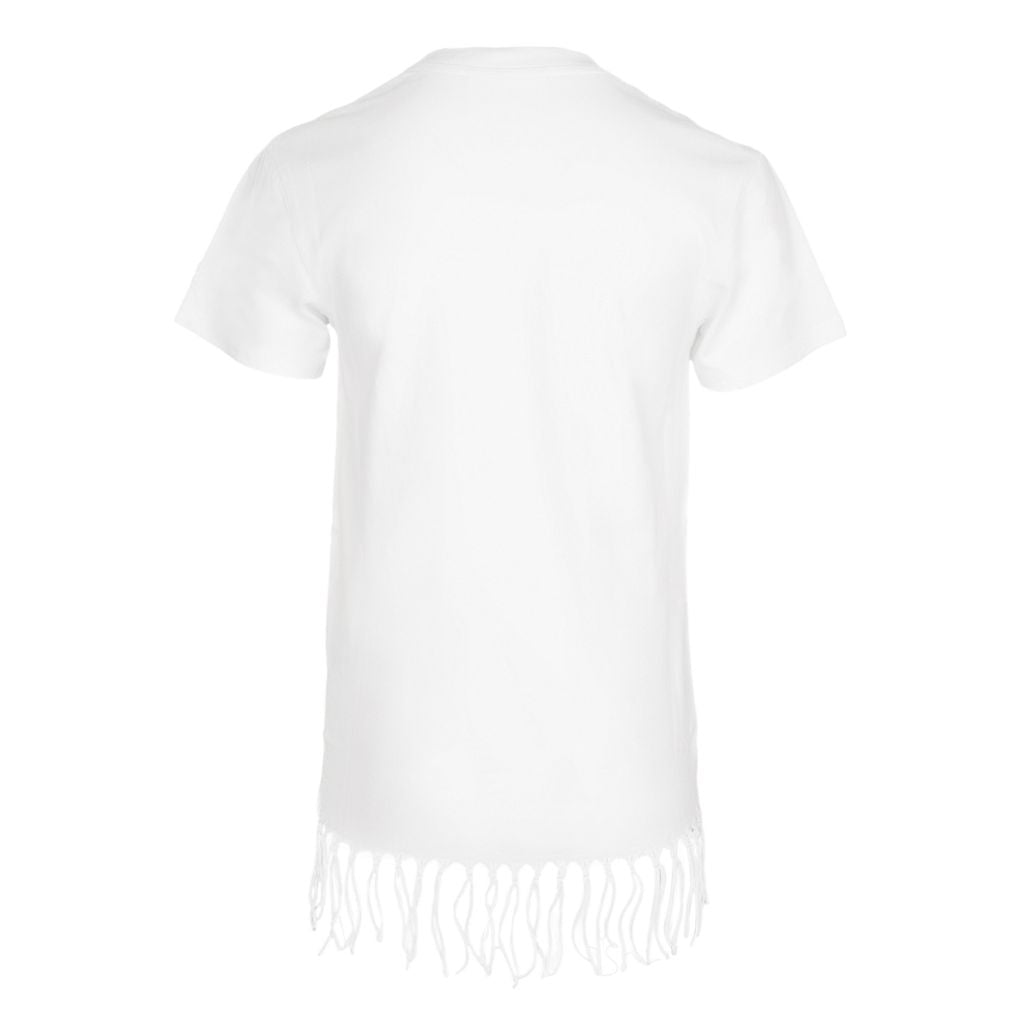 Back of the Girls white dress from MC2 Saint Barth with 'Saint Barth' text in colorful letters on a white background