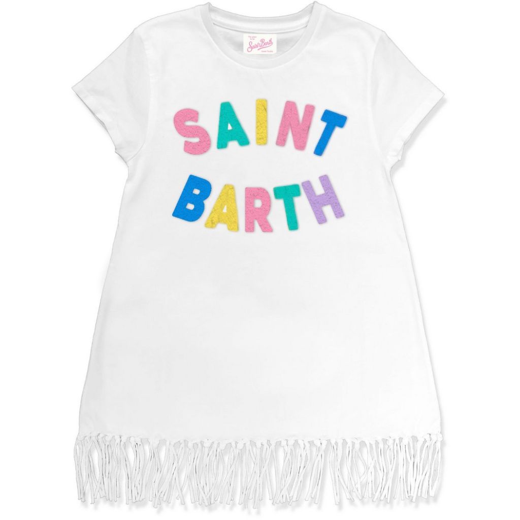 Girls white dress from MC2 Saint Barth with 'Saint Barth' text in colorful letters on a white background