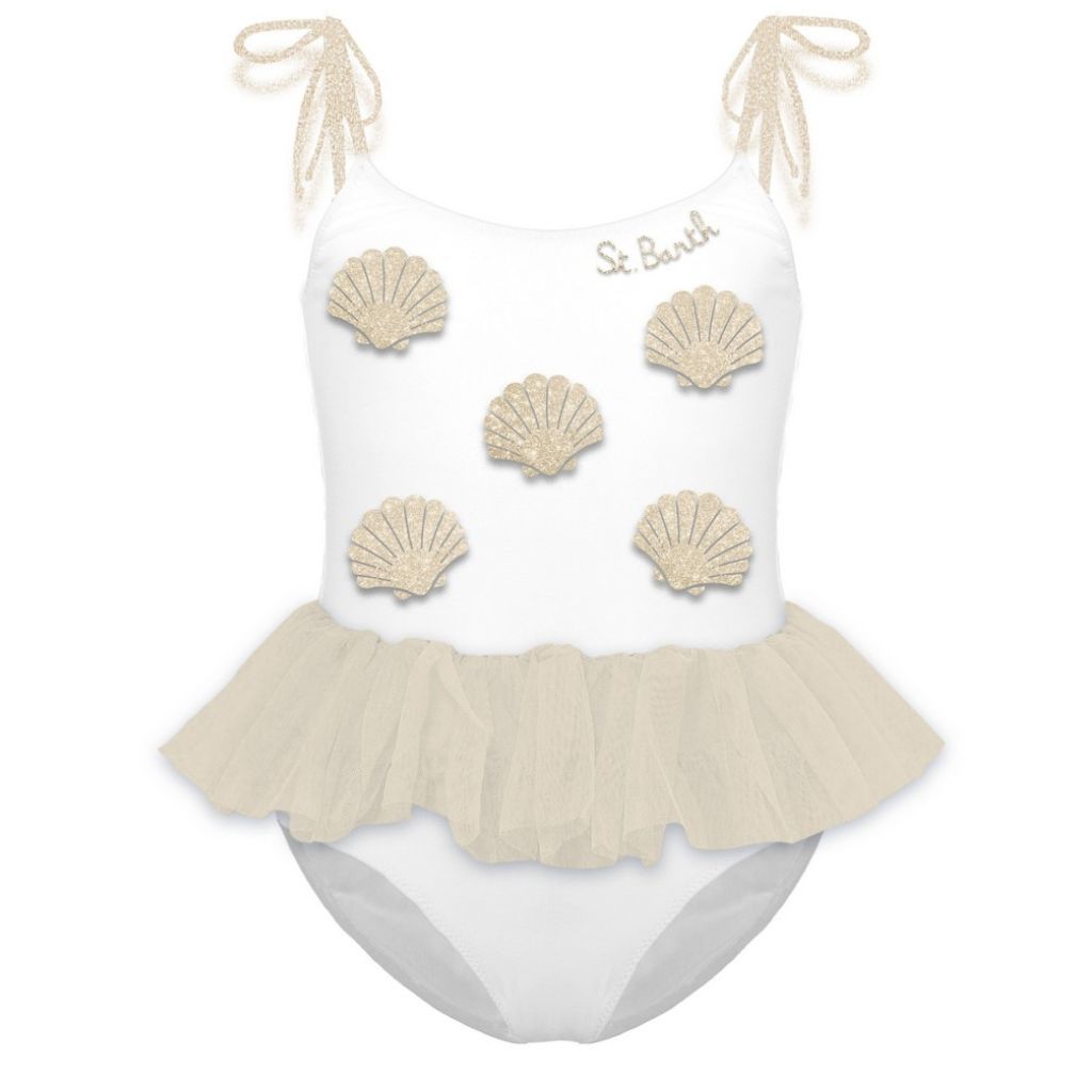 Dancer swimsuit from MC2 Saint Bart for girls in cream with beige shell designs and ruffled bottom on a white background